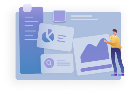 Illustrated analyst arranging cards on a dashboard with pie chart, search, and line-graph panels.