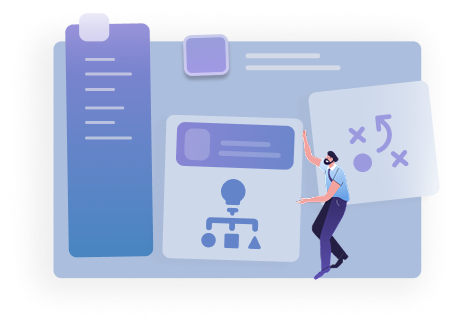 Person positioning strategy cards—flowchart and X-and-O play icons—on a dashboard layout.